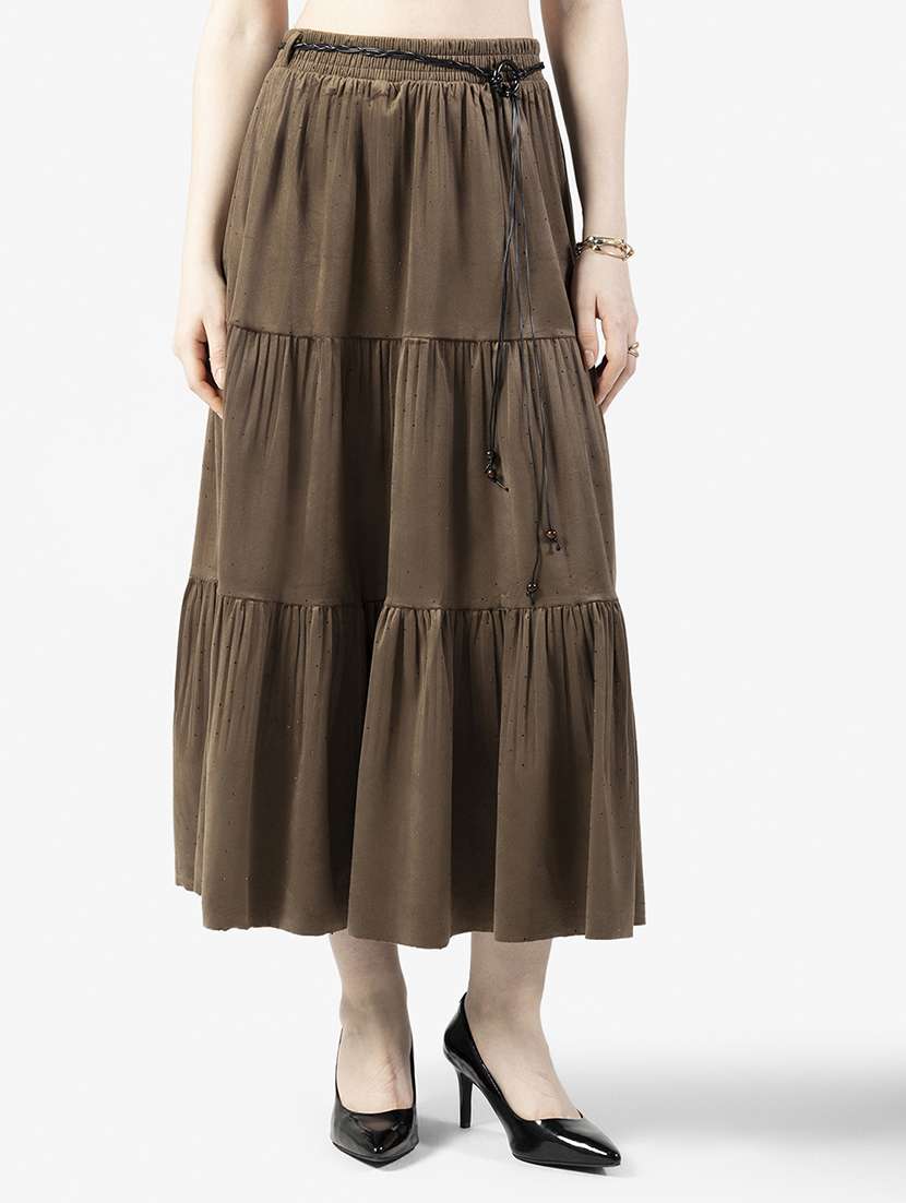 women solid mid rise tiered skirt