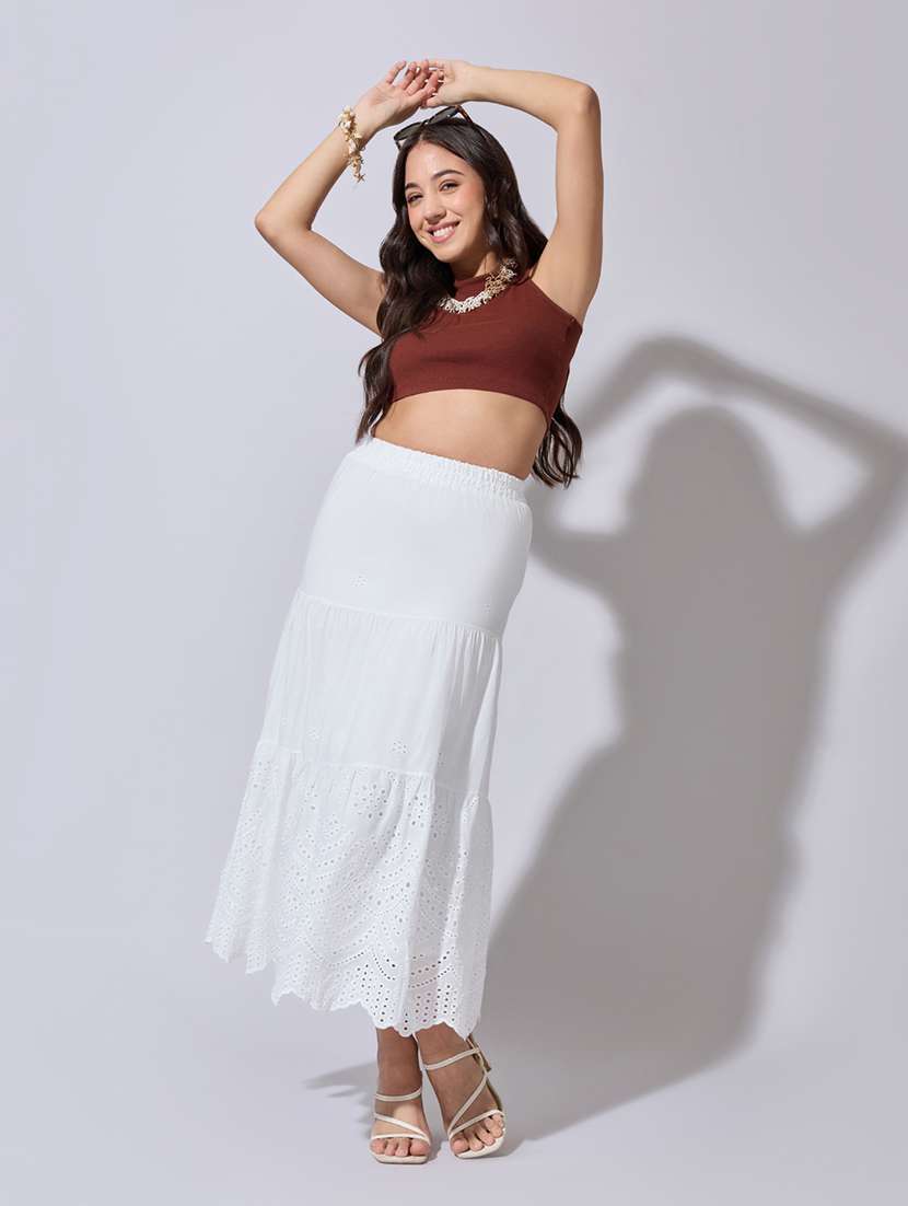 women solid high rise schiffli tiered skirt - 22363353 -  Standard Image - 3