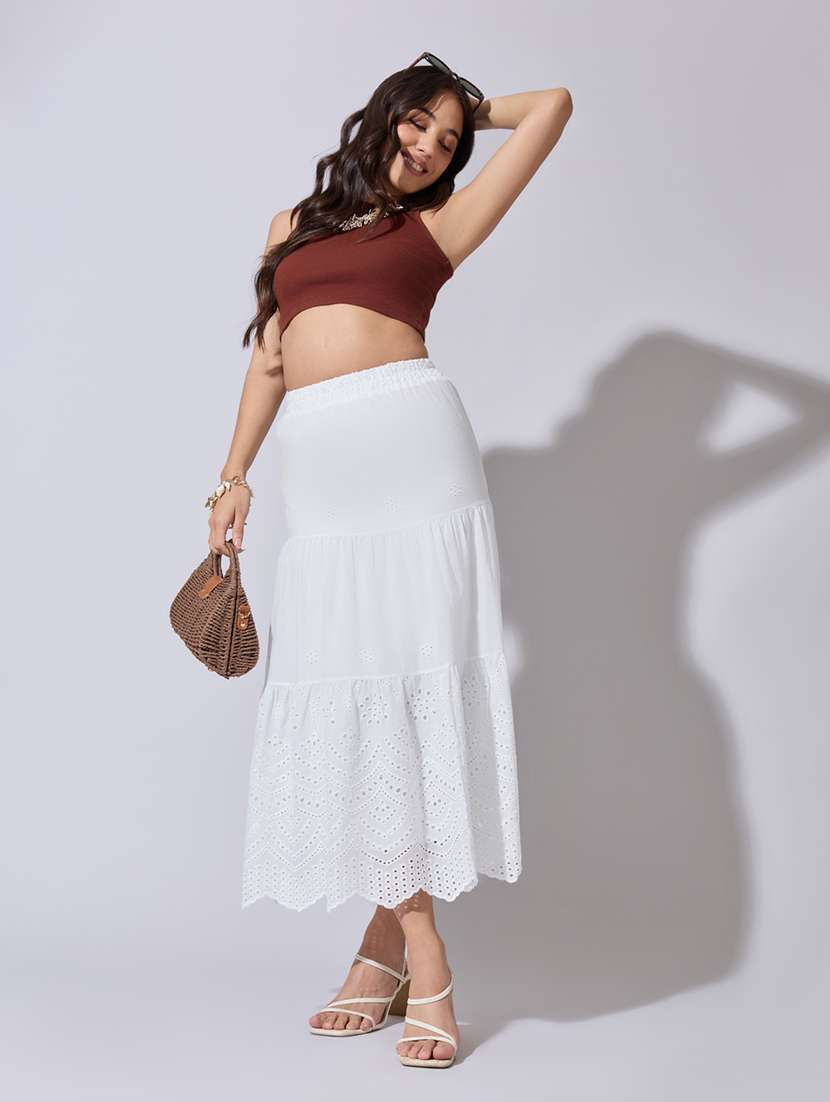 women solid high rise schiffli tiered skirt - 22363353 -  Standard Image - 5