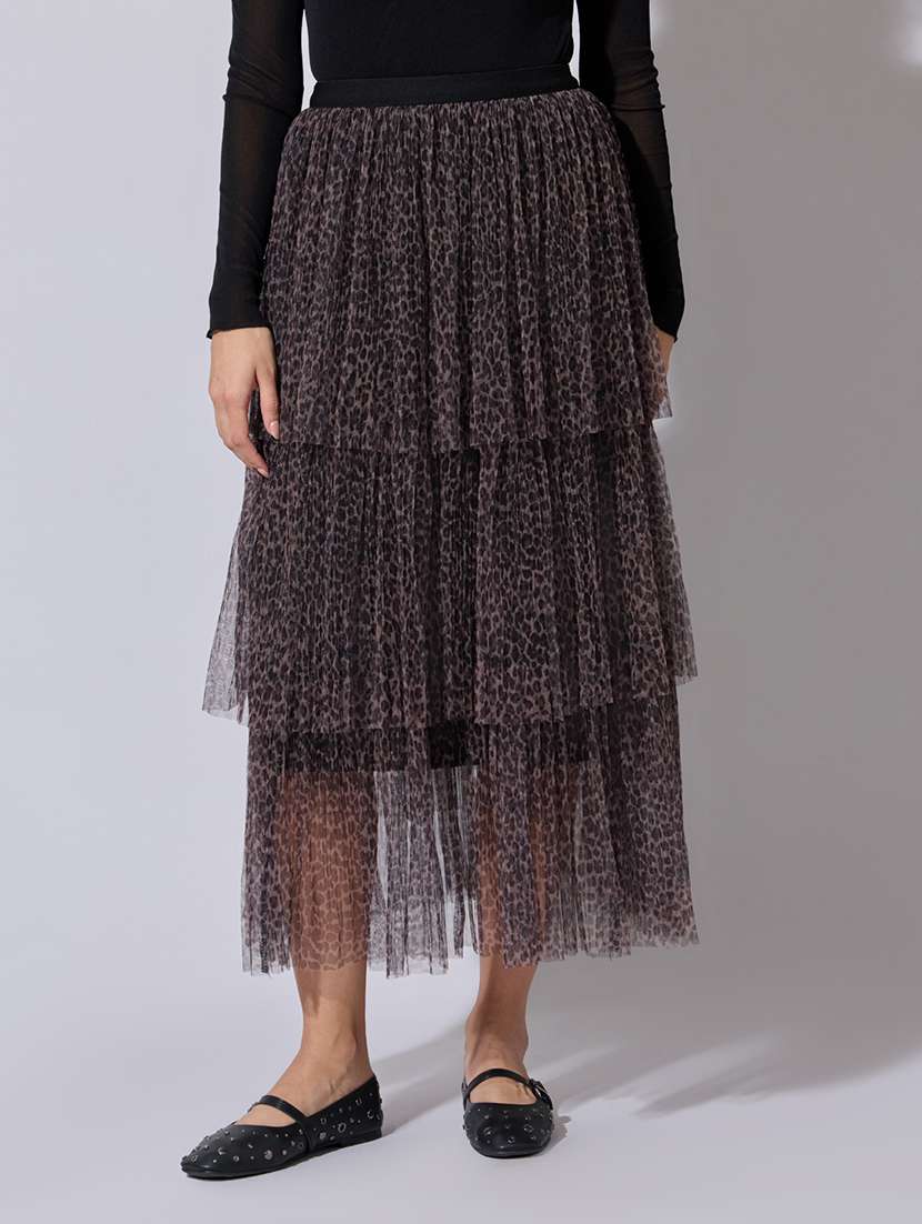 women animal print high rise layered skirt