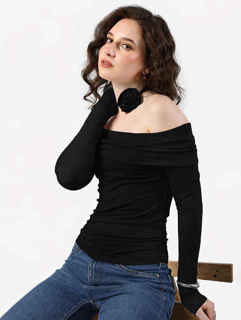 women solid off shoulder long sleeve top