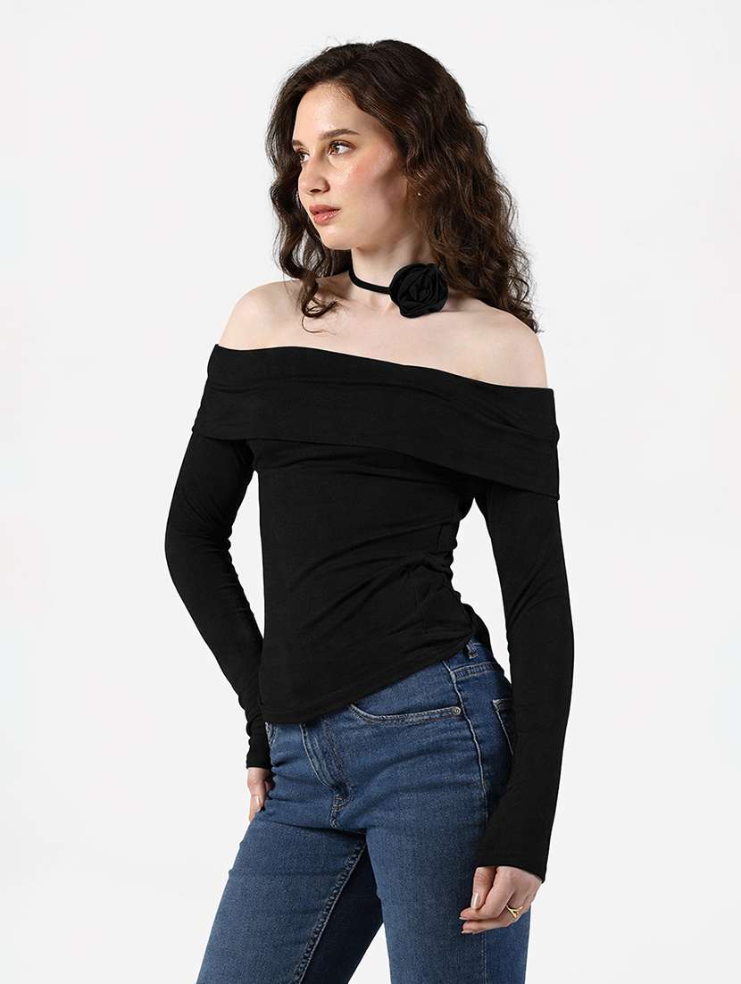 women solid off shoulder long sleeve top - 22363371 -  Standard Image - 3