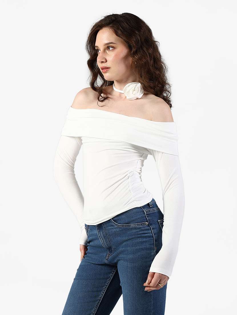 women solid off shoulder long sleeve top - 22363372 -  Standard Image - 3