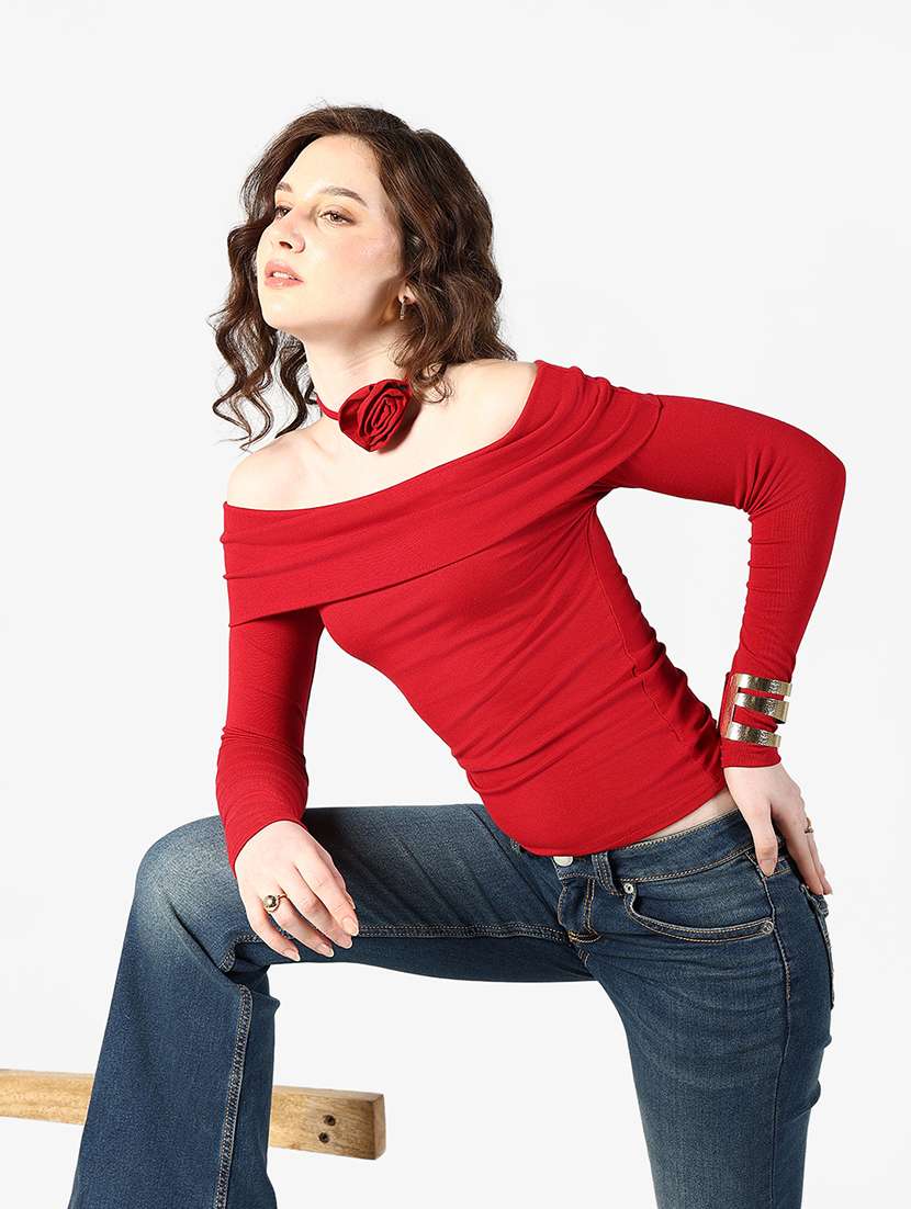 women solid off shoulder long sleeve top