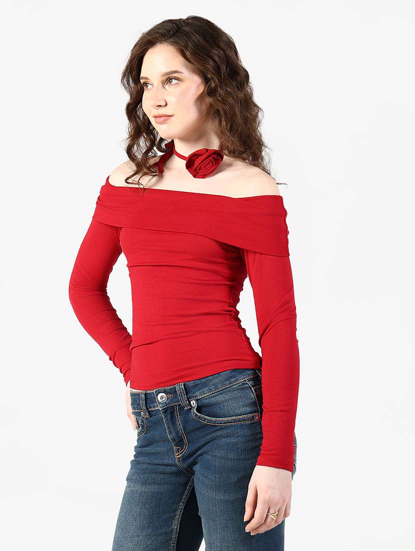 women solid off shoulder long sleeve top - 22363373 -  Standard Image - 3