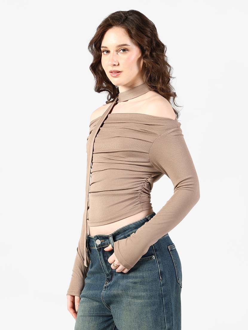 women solid off shoulder long sleeve top with neck tie - 22363376 -  Standard Image - 3