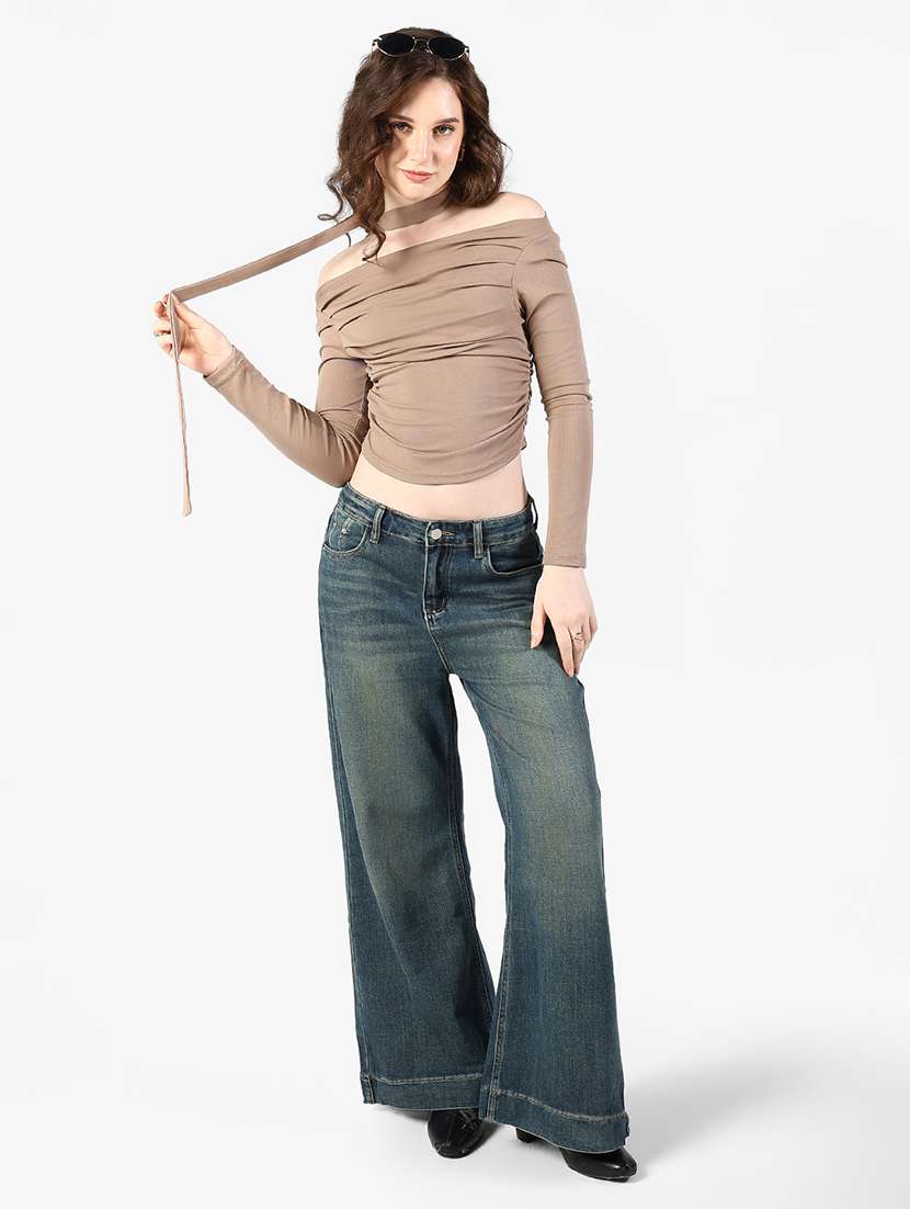 women solid off shoulder long sleeve top with neck tie - 22363376 -  Standard Image - 5