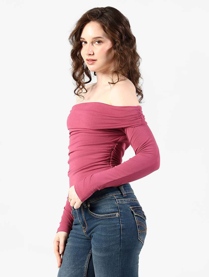 women solid off shoulder long sleeve top - 22363377 -  Standard Image - 3