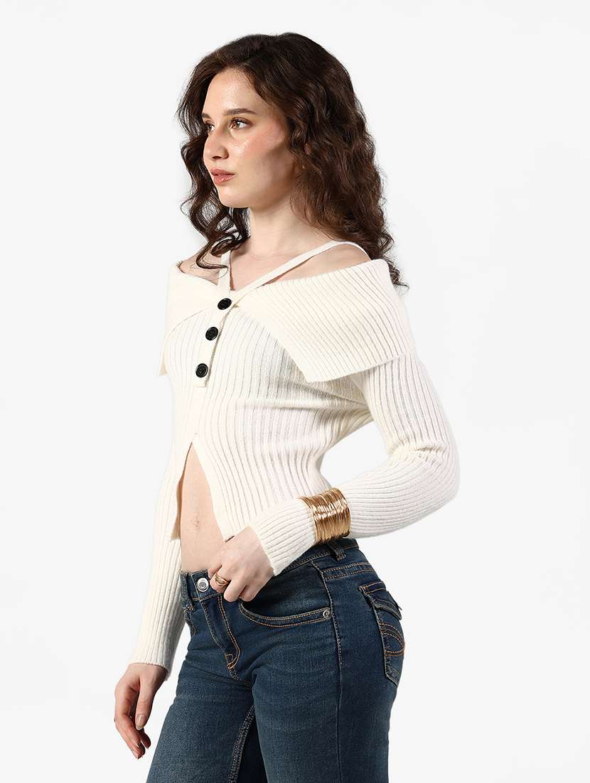 Women Solid Off Shoulder Long Sleeve Straight Top - 22363381 -  Standard Image - 3