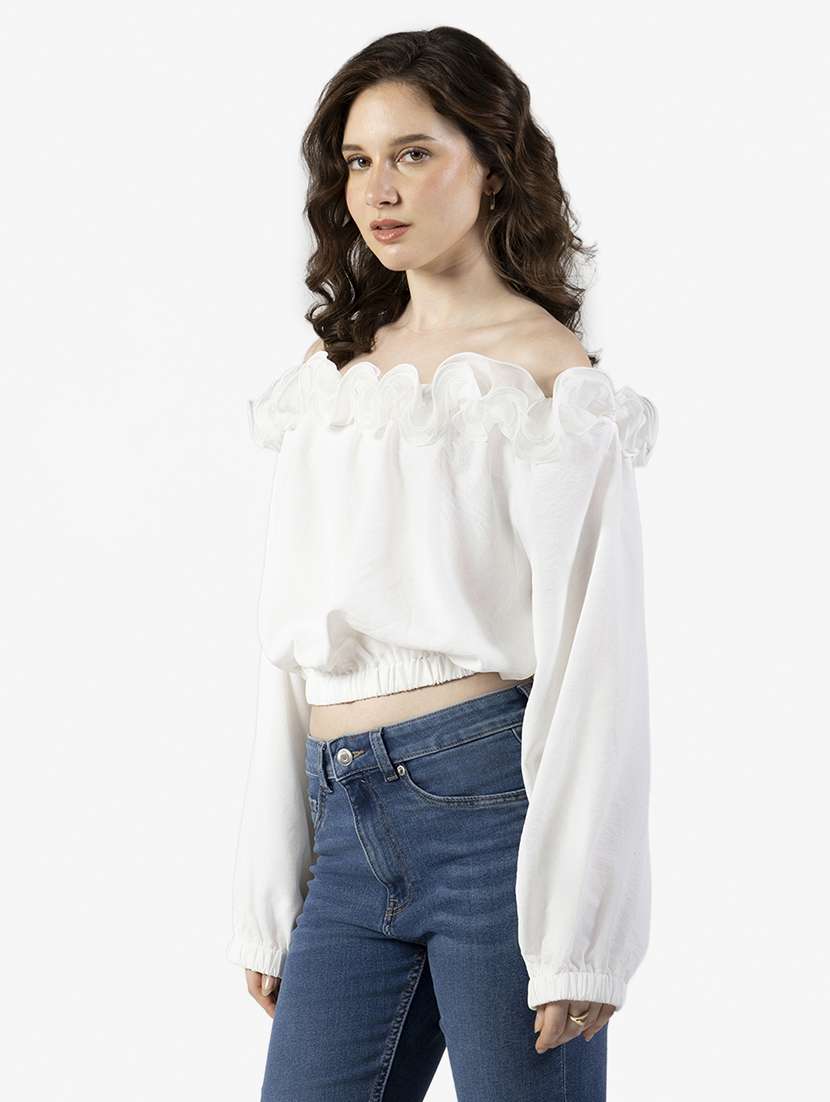 women solid off shoulder blouson top - 22363386 -  Standard Image - 3