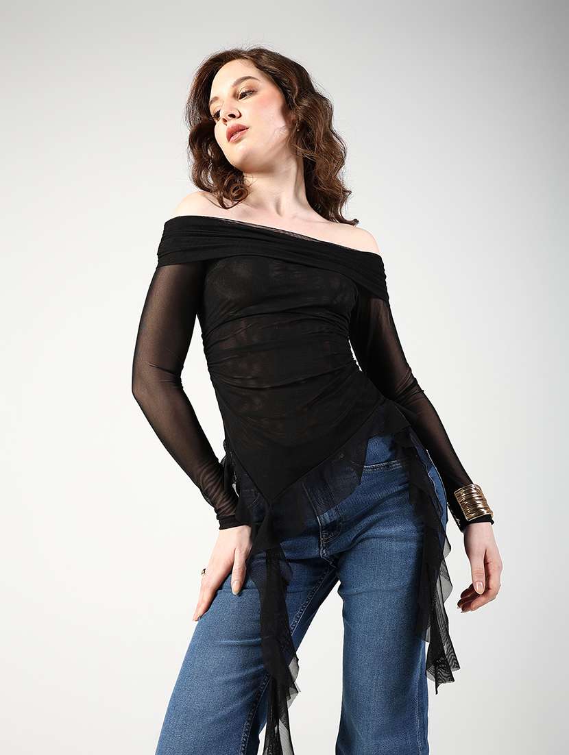 womne solid off shoulder long sleeve asymmetric top