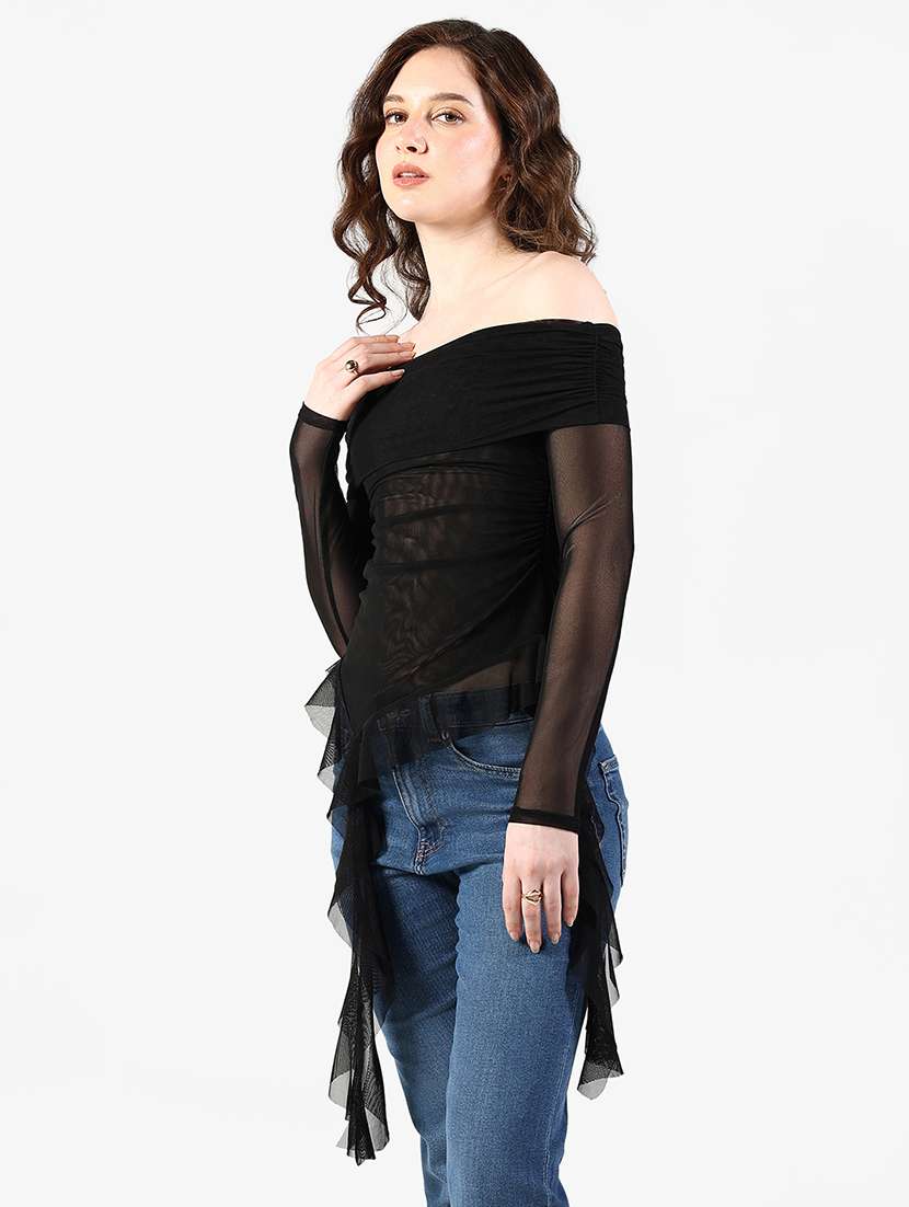 womne solid off shoulder long sleeve asymmetric top - 22363389 -  Standard Image - 3