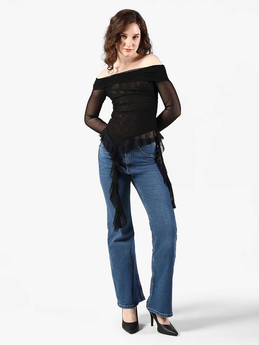 womne solid off shoulder long sleeve asymmetric top - 22363389 -  Standard Image - 5
