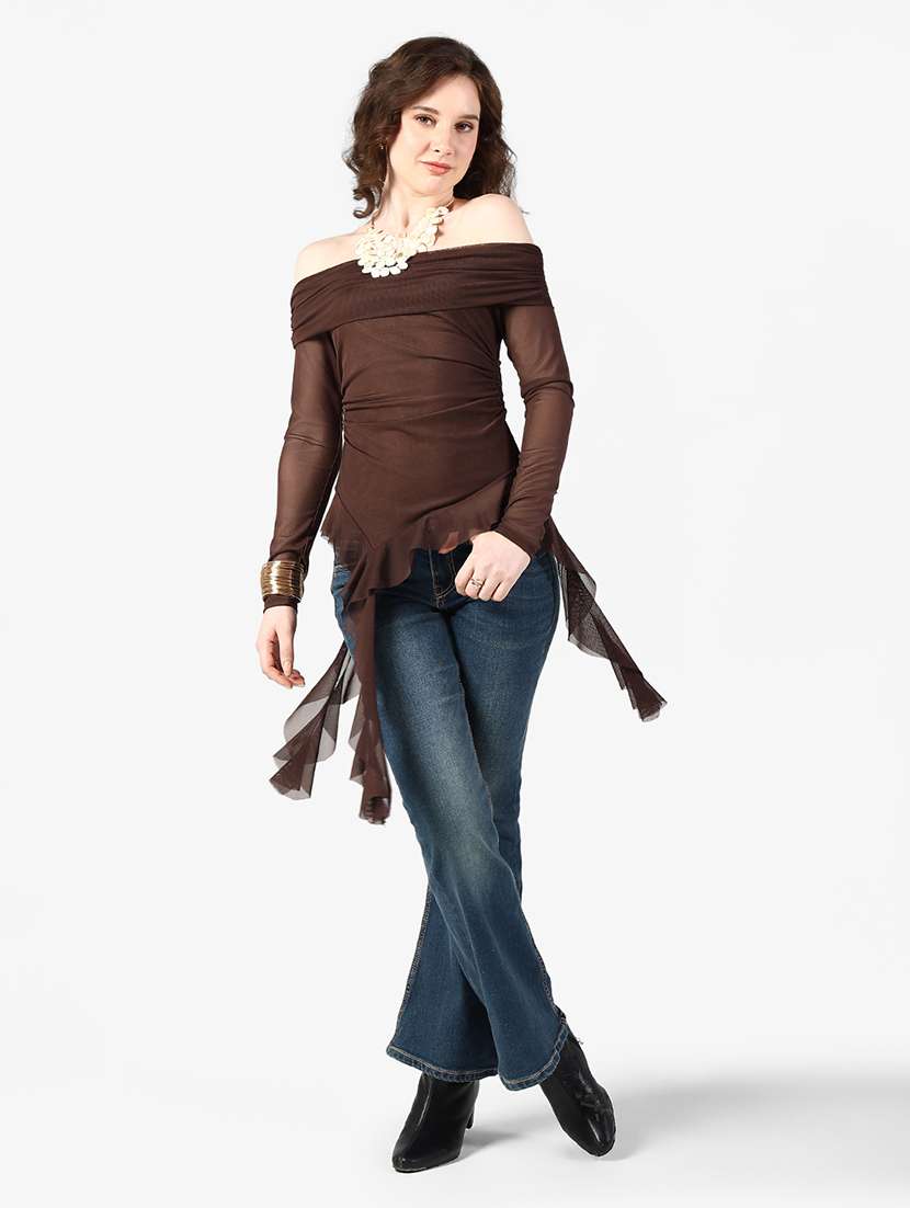 women solid off shoulder asymmetric top - 22363390 -  Standard Image - 5