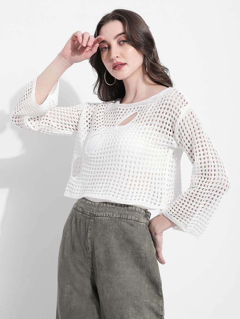 women self designed long sleeve crochet crop top - 22363392 -  Standard Image - 3