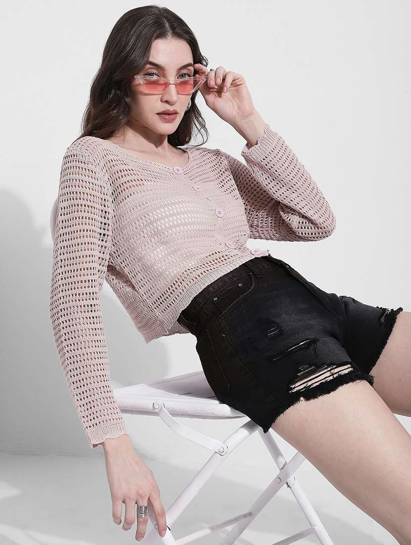 women self designed long sleeve crochet crop top