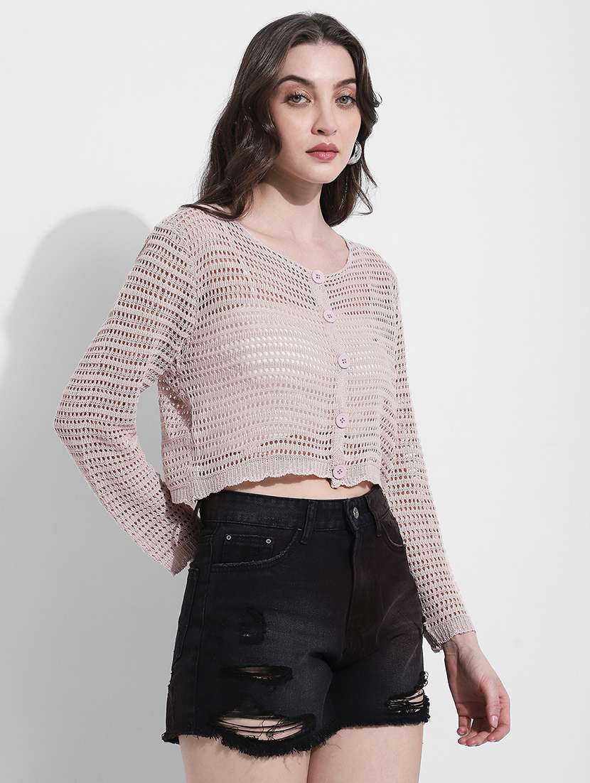 women self designed long sleeve crochet crop top - 22363393 -  Standard Image - 3