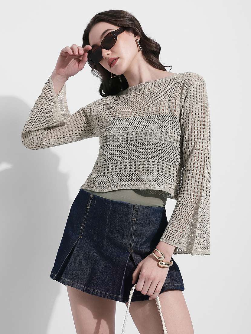 women self designed long sleeve crochet crop top