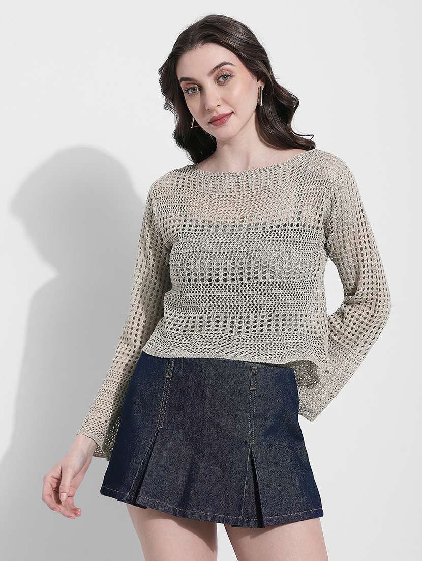 women self designed long sleeve crochet crop top - 22363394 -  Standard Image - 3