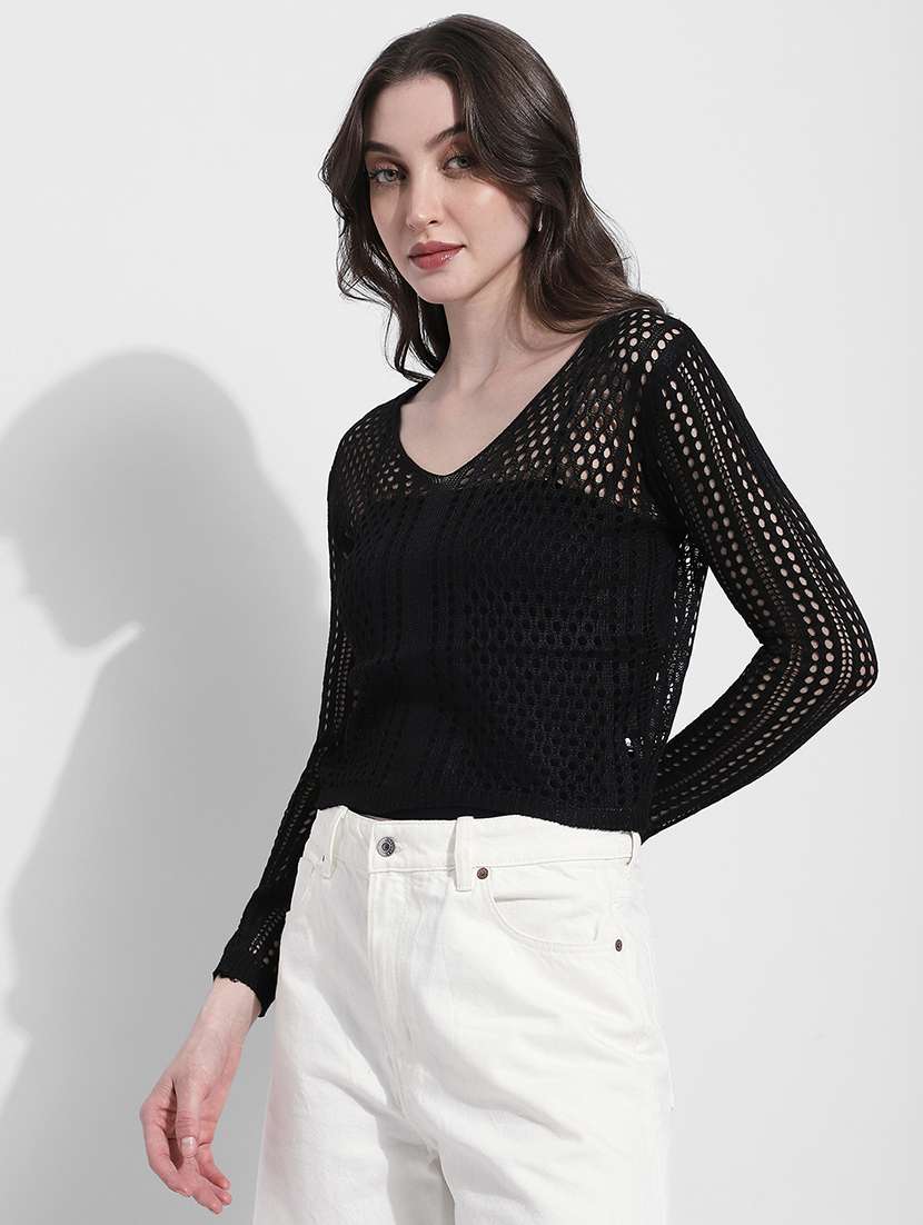 women self designed long sleeve crochet crop top - 22363397 -  Standard Image - 3