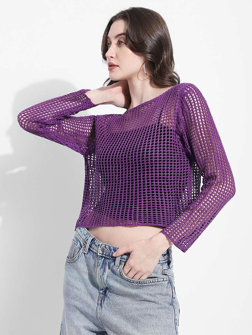 women self designed long sleeve crochet crop top - 22363398 -  Standard Image - 3