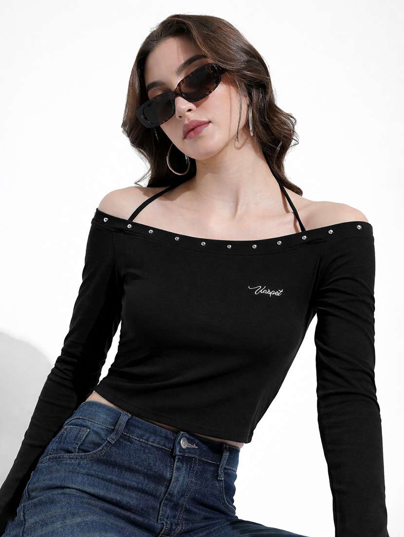 women solid off shoulder long sleeve crop top