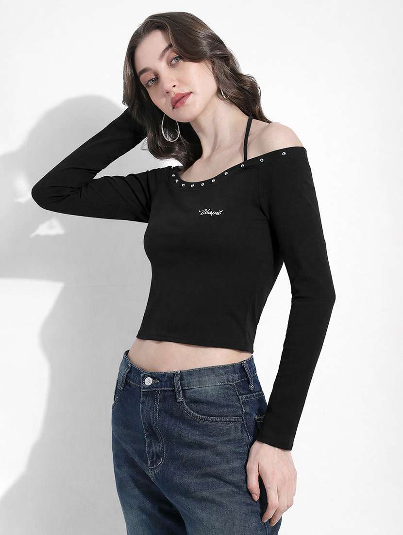 women solid off shoulder long sleeve crop top - 22363401 -  Standard Image - 3