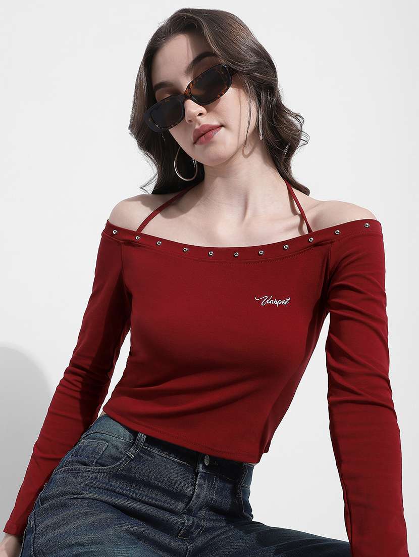 women solid off shoulder long sleeve crop top