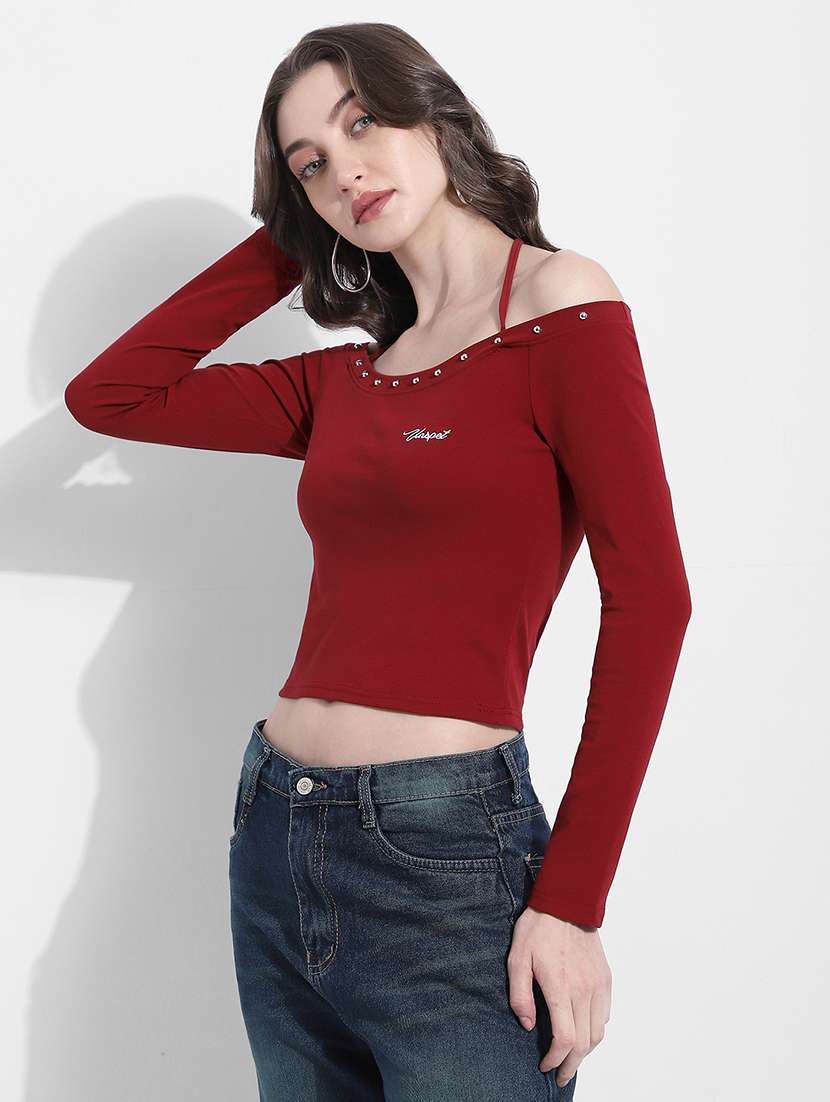 women solid off shoulder long sleeve crop top - 22363402 -  Standard Image - 3