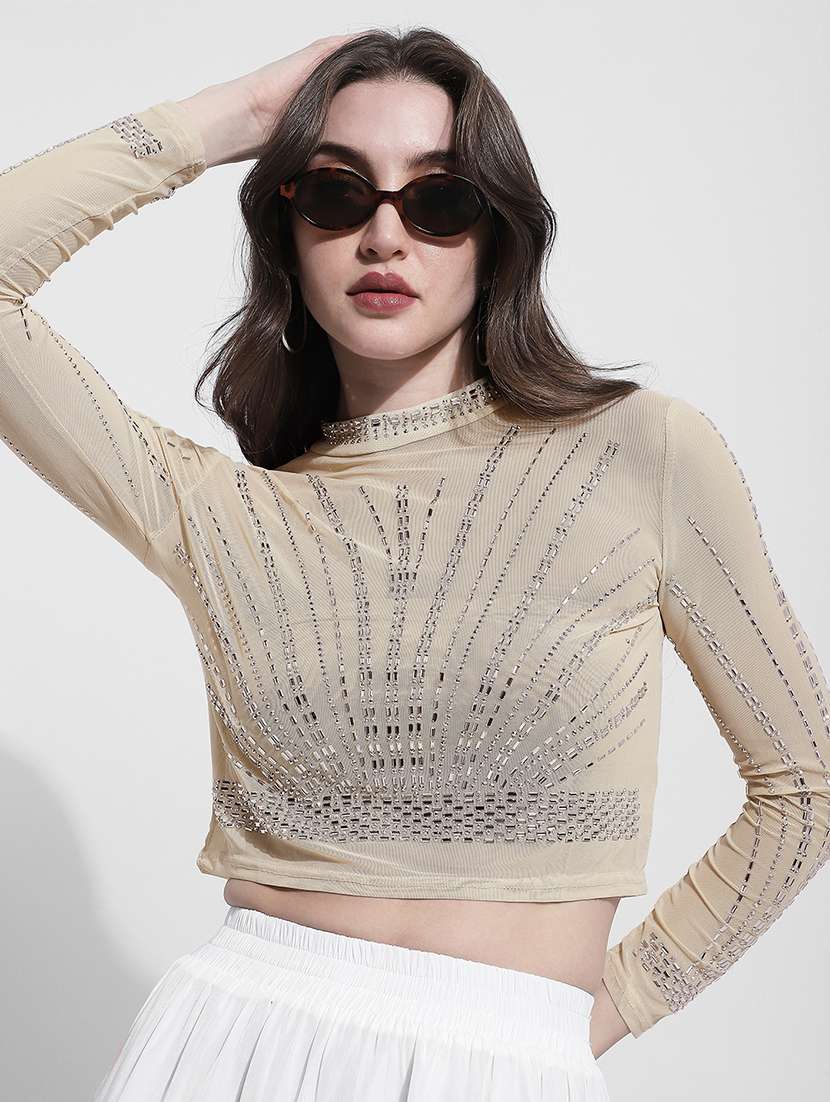 women embellished long sleeve crop top