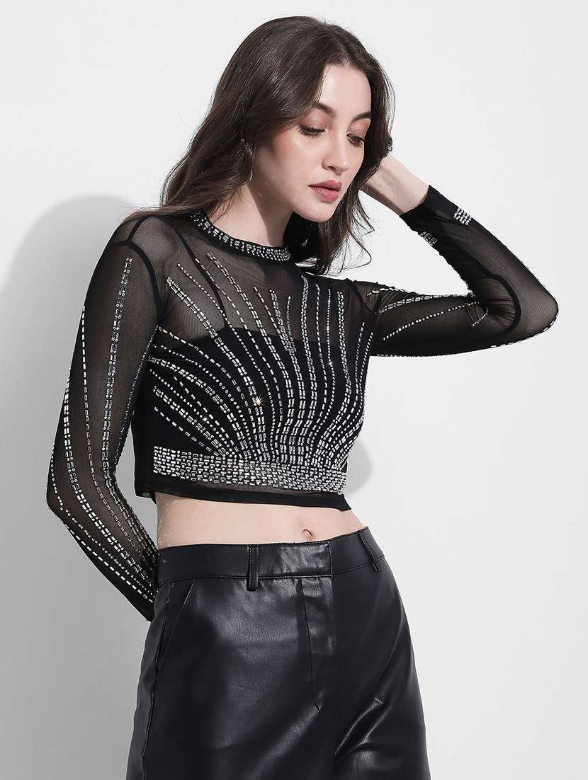 women embellished long sleeve sheer crop top - 22363405 -  Standard Image - 3