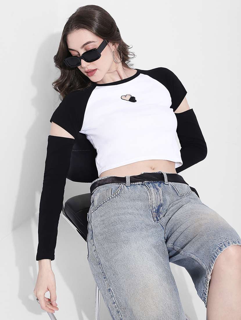 women color blocked long sleeve crop top
