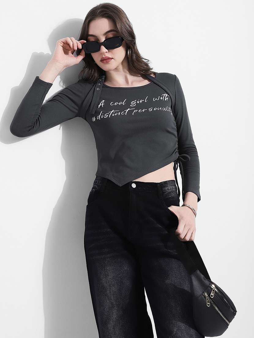 womne printed long sleeve ruched top