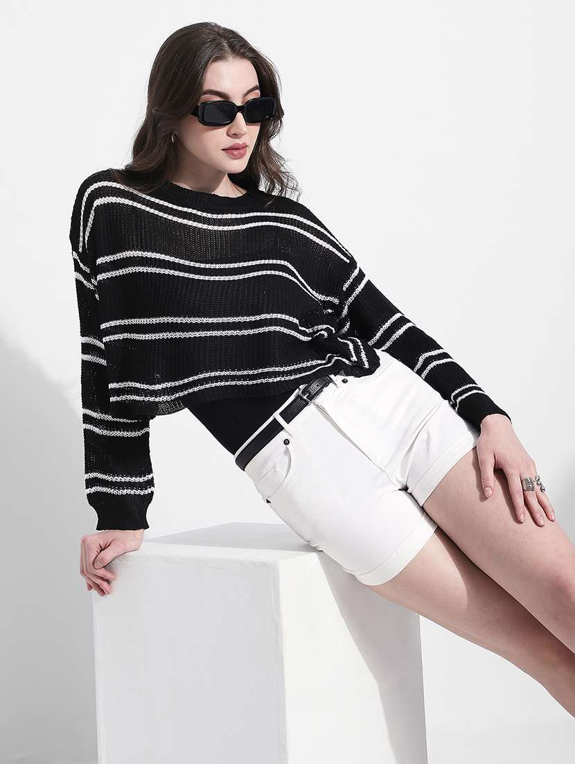 women striped long sleeve crop top with slip 
