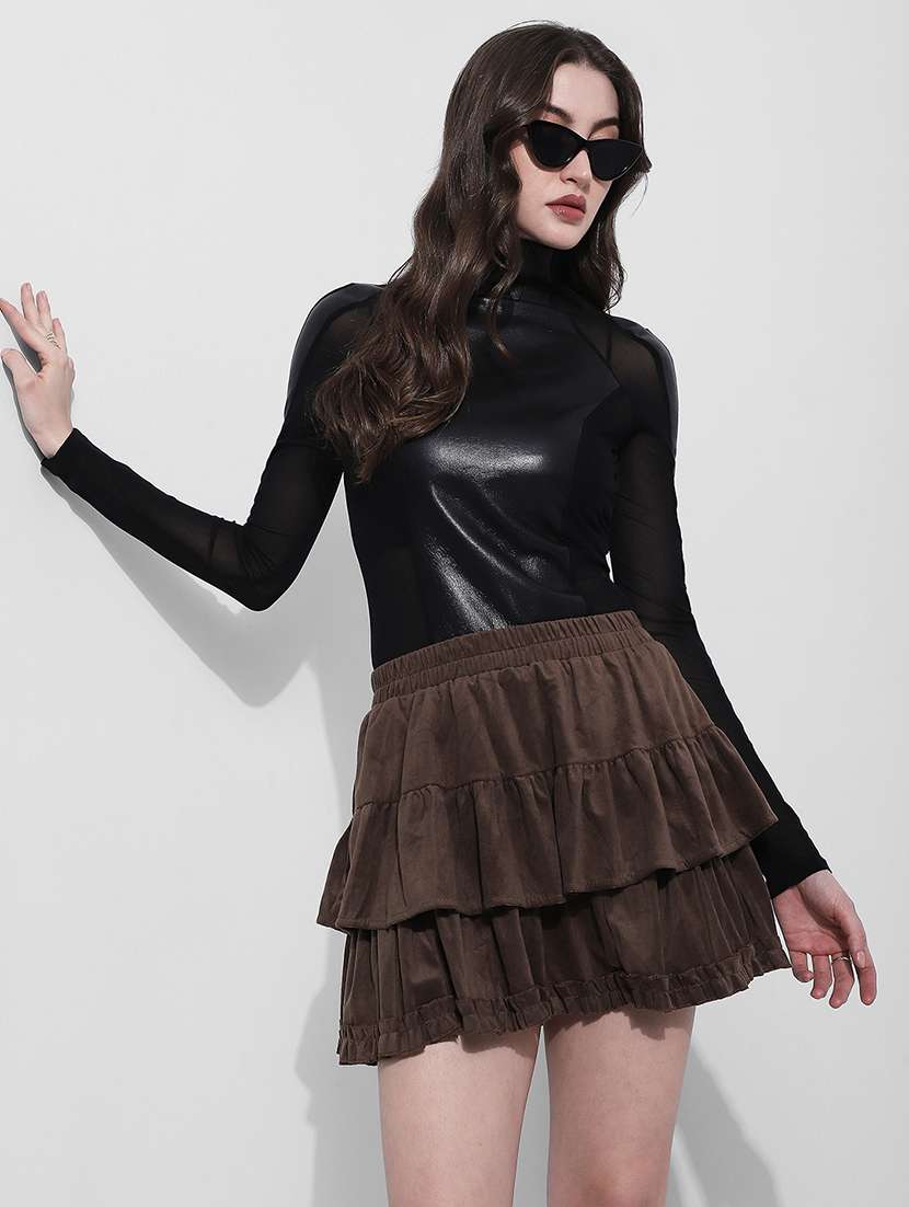 women solid high neck long sleeve top