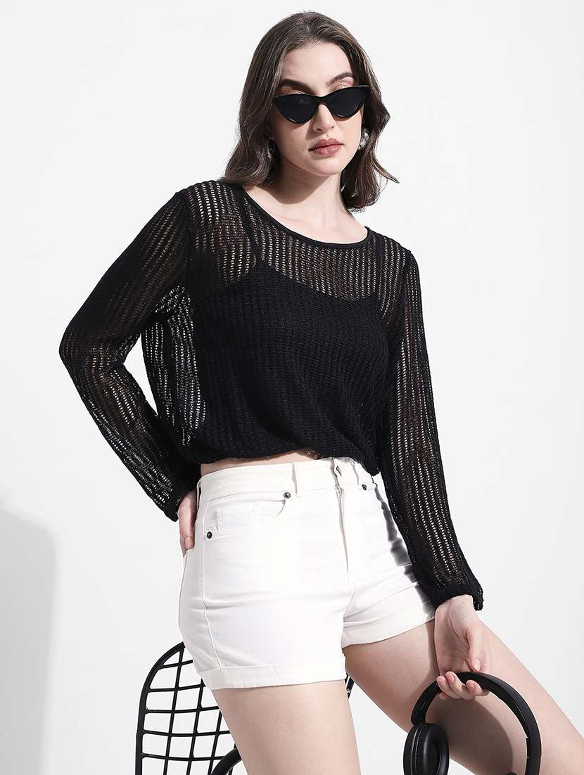 women solid long sleeve sheer crop top