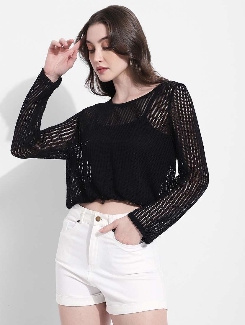 women solid long sleeve sheer crop top - 22363412 -  Standard Image - 3