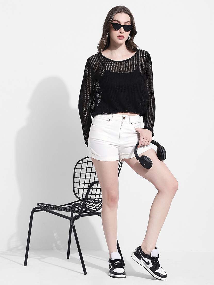 women solid long sleeve sheer crop top - 22363412 -  Standard Image - 5