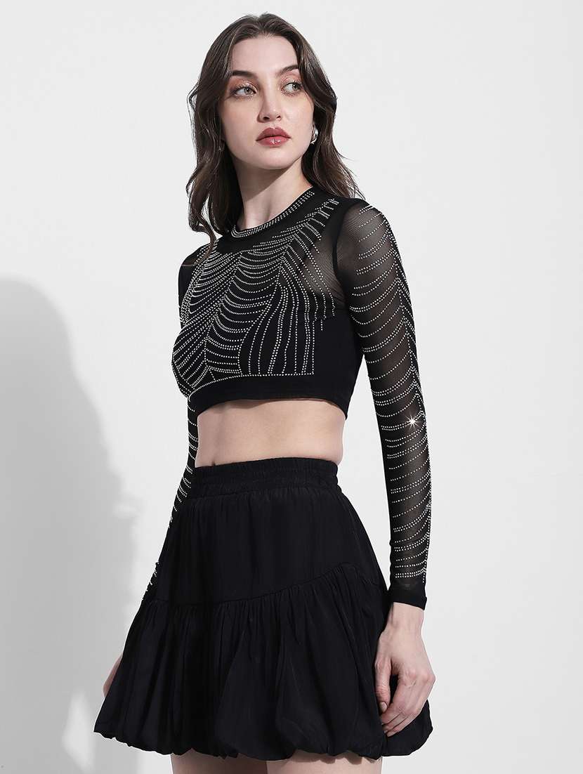 women embellsihed long sleeev crop top - 22363416 -  Standard Image - 3