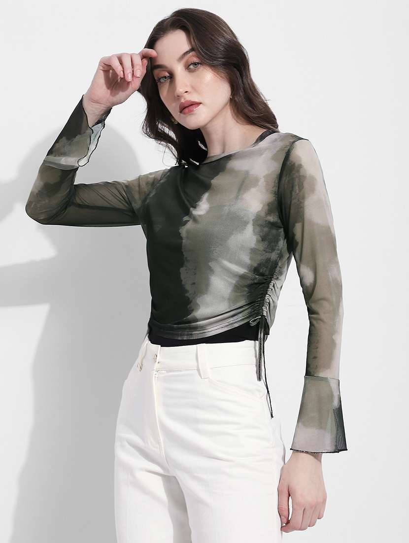 women printed bell sleeve sheer ruched top - 22363418 -  Standard Image - 3