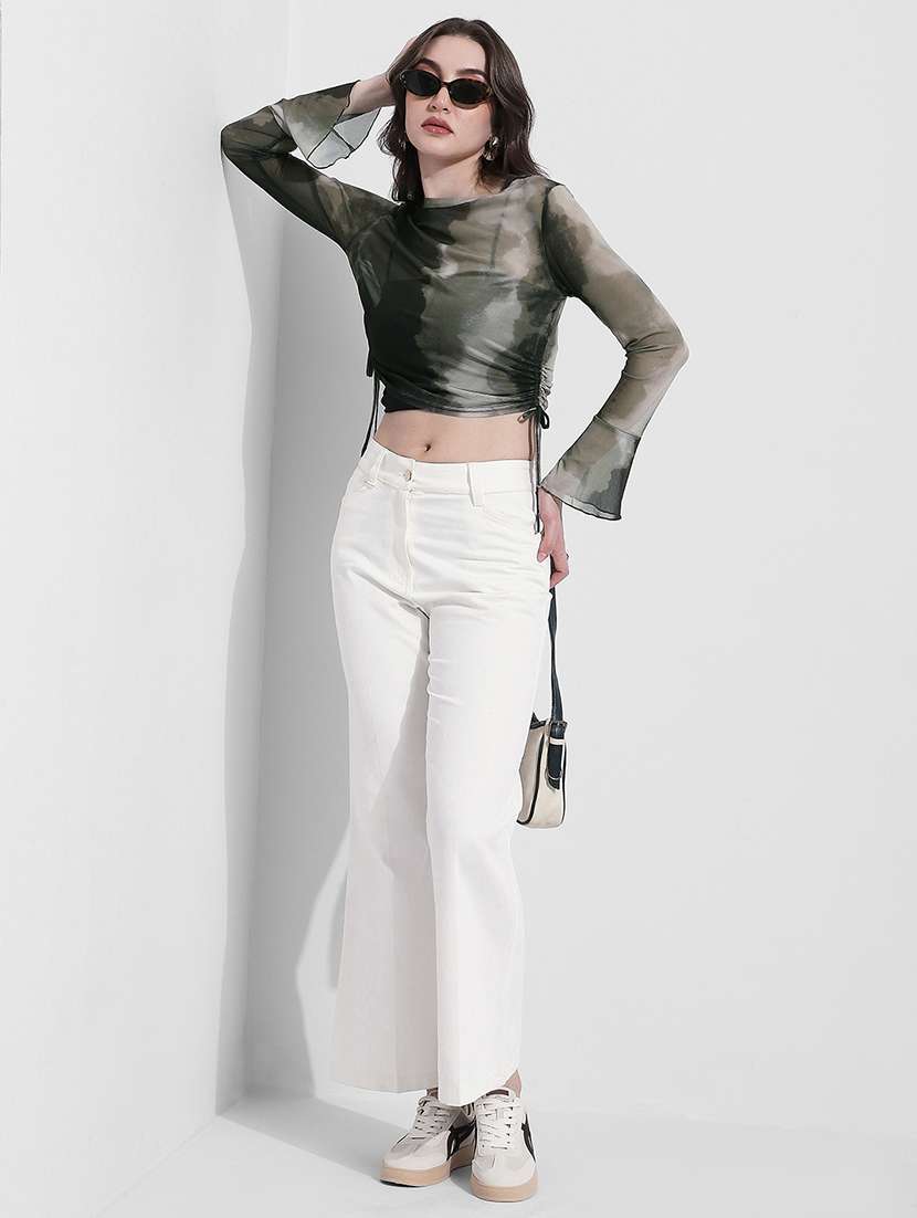 women printed bell sleeve sheer ruched top - 22363418 -  Standard Image - 5