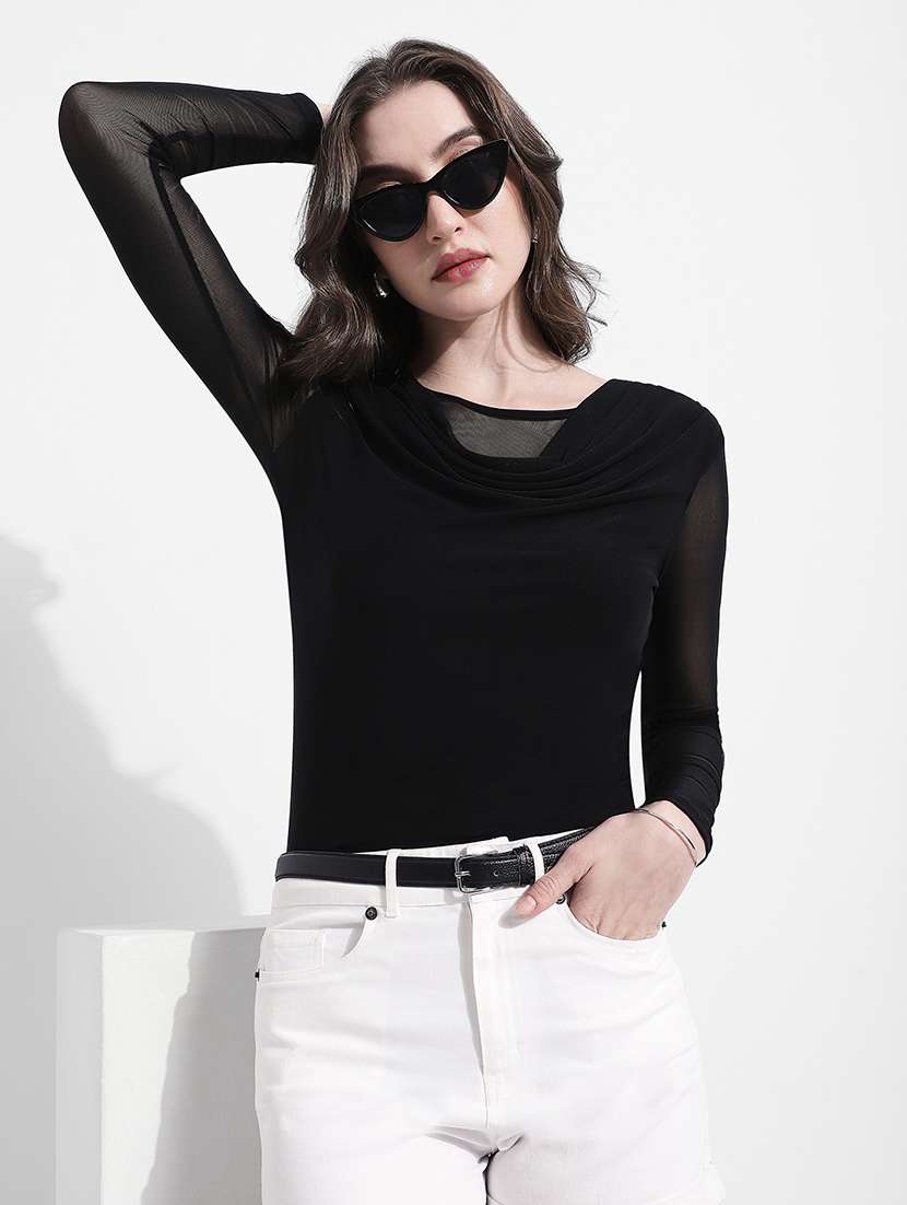 women solid cowl neck long sleeve top