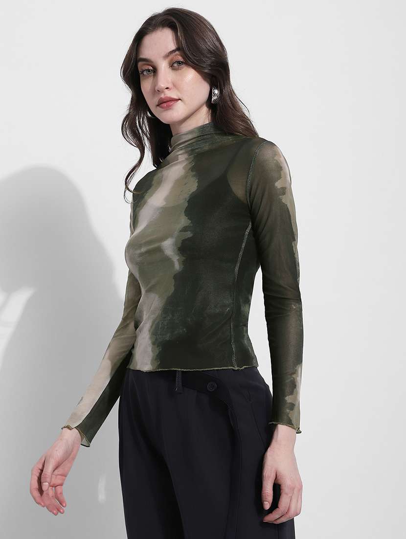 women printed high meck long sleeve sheer top - 22363423 -  Standard Image - 3