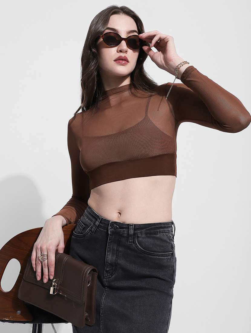 women solid long sleeve sheer crop top