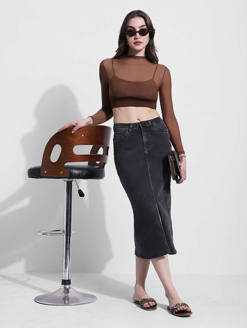 women solid long sleeve sheer crop top - 22363424 -  Standard Image - 5
