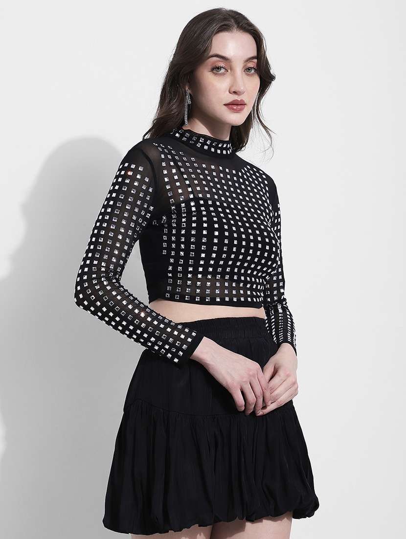 women embellsihed long sleeev crop top - 22363425 -  Standard Image - 3