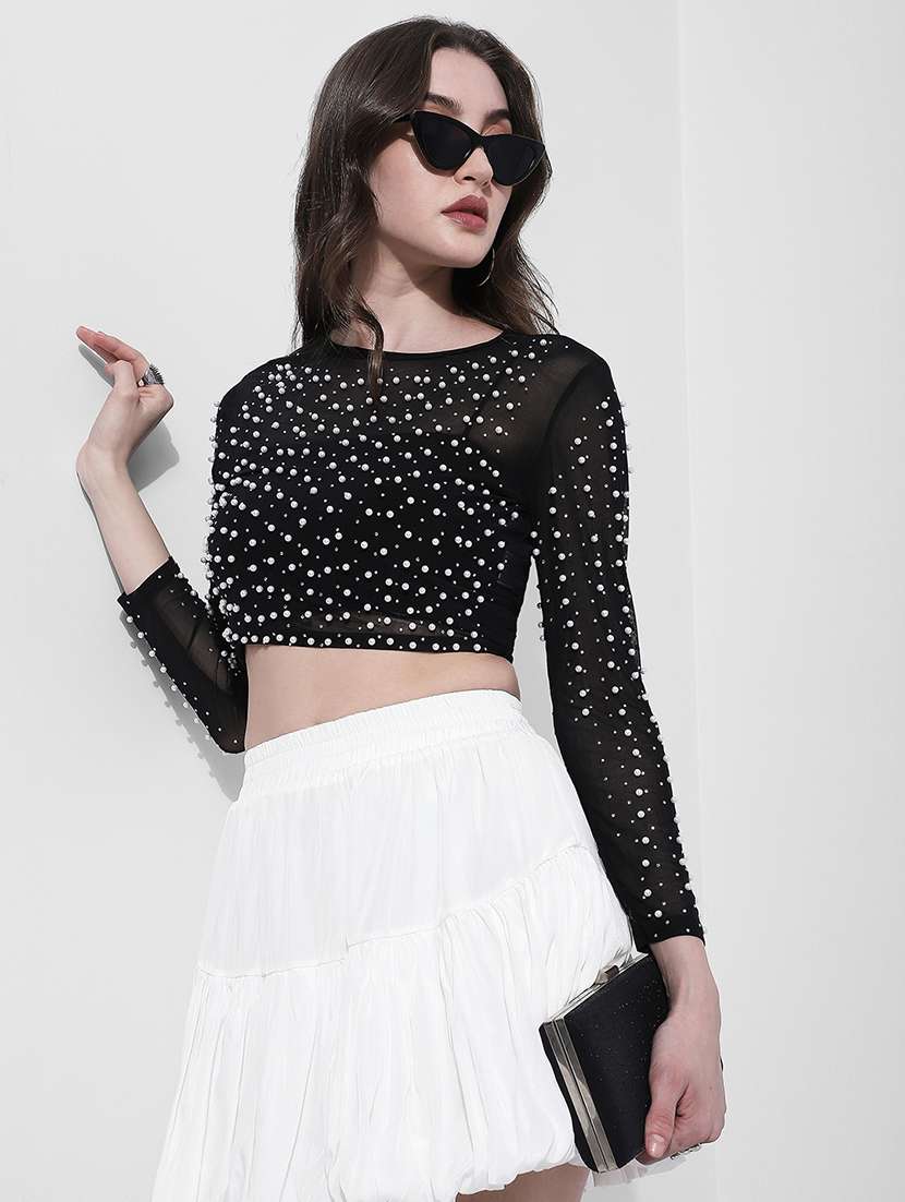 women embellished long sleeve crop top