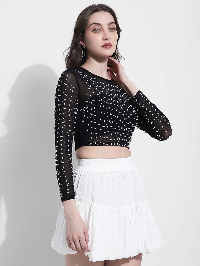 women embellished long sleeve crop top - 22363426 -  Standard Image - 3