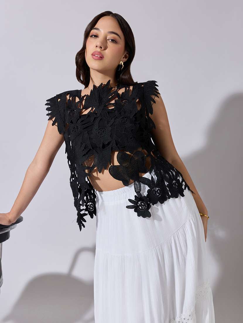 women self designed sheer lace asymmetric top