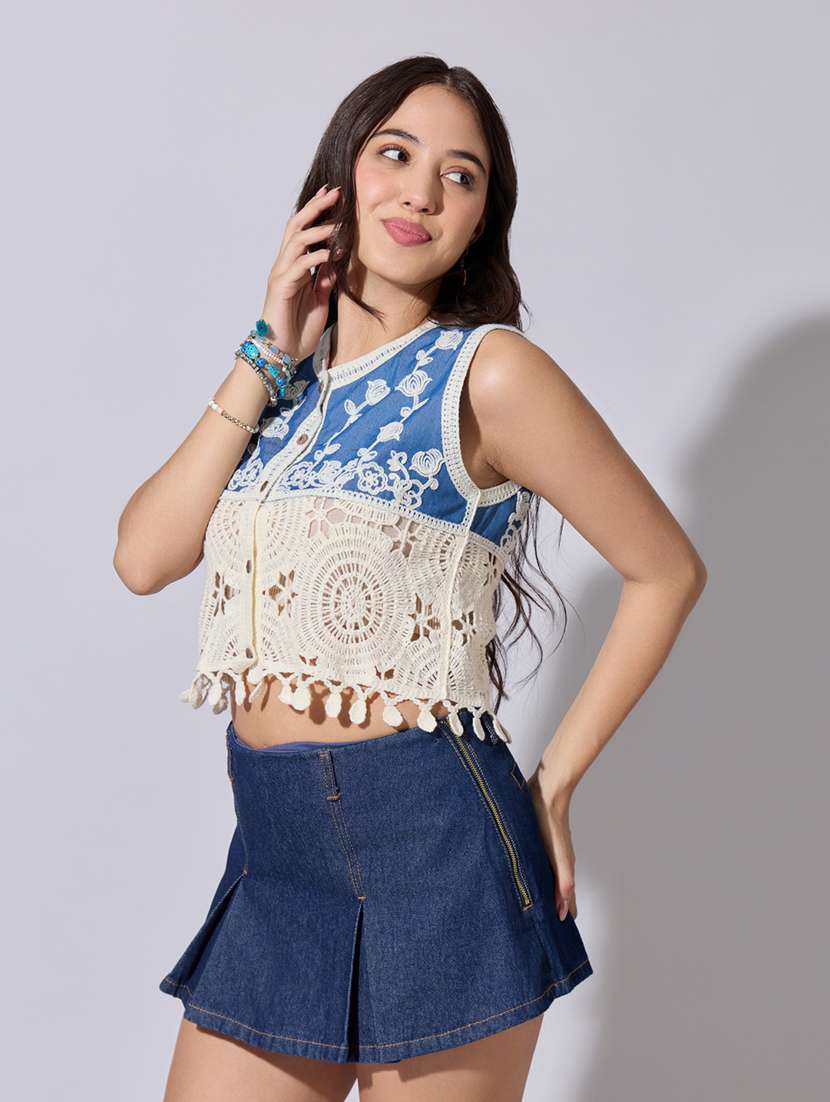 women self designed sheer crochet top - 22363438 -  Standard Image - 3